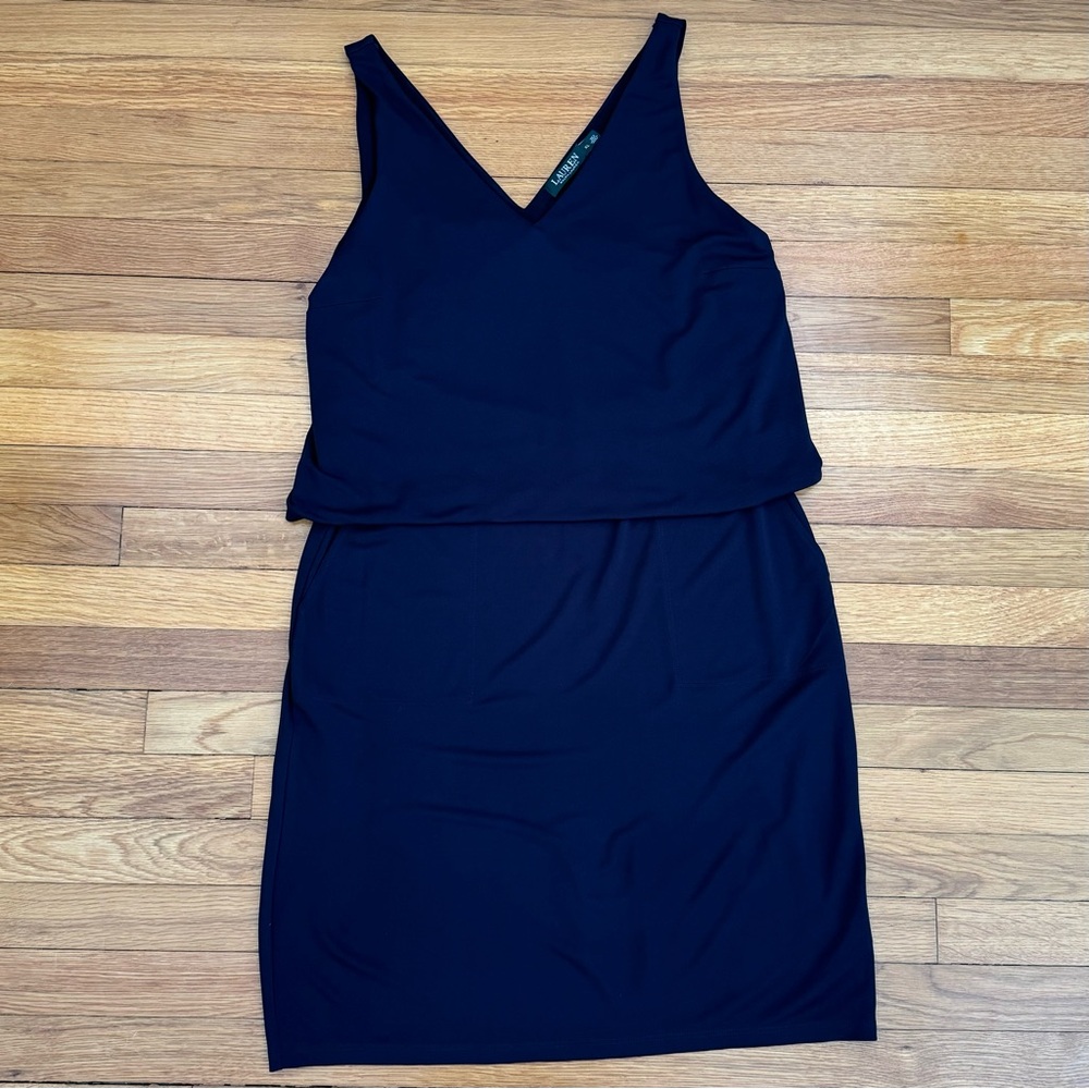 Lauren Ralph Lauren Stretch Jersey V-Neck Popover Sleeveless Dress Pockets Sz XL